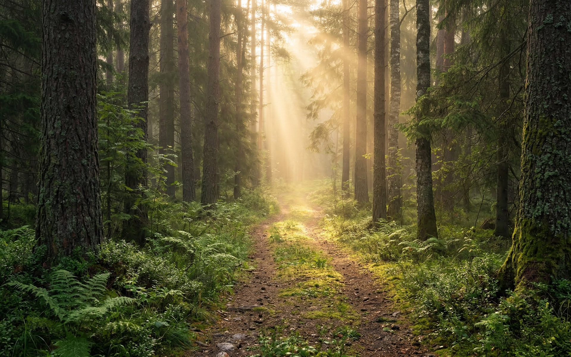 Sanfter Waldweg in einer stillen Waldlichtung bei Sonnenaufgang, umgeben von hohen Bäumen und frischem Grün, der Weg führt ins Licht.