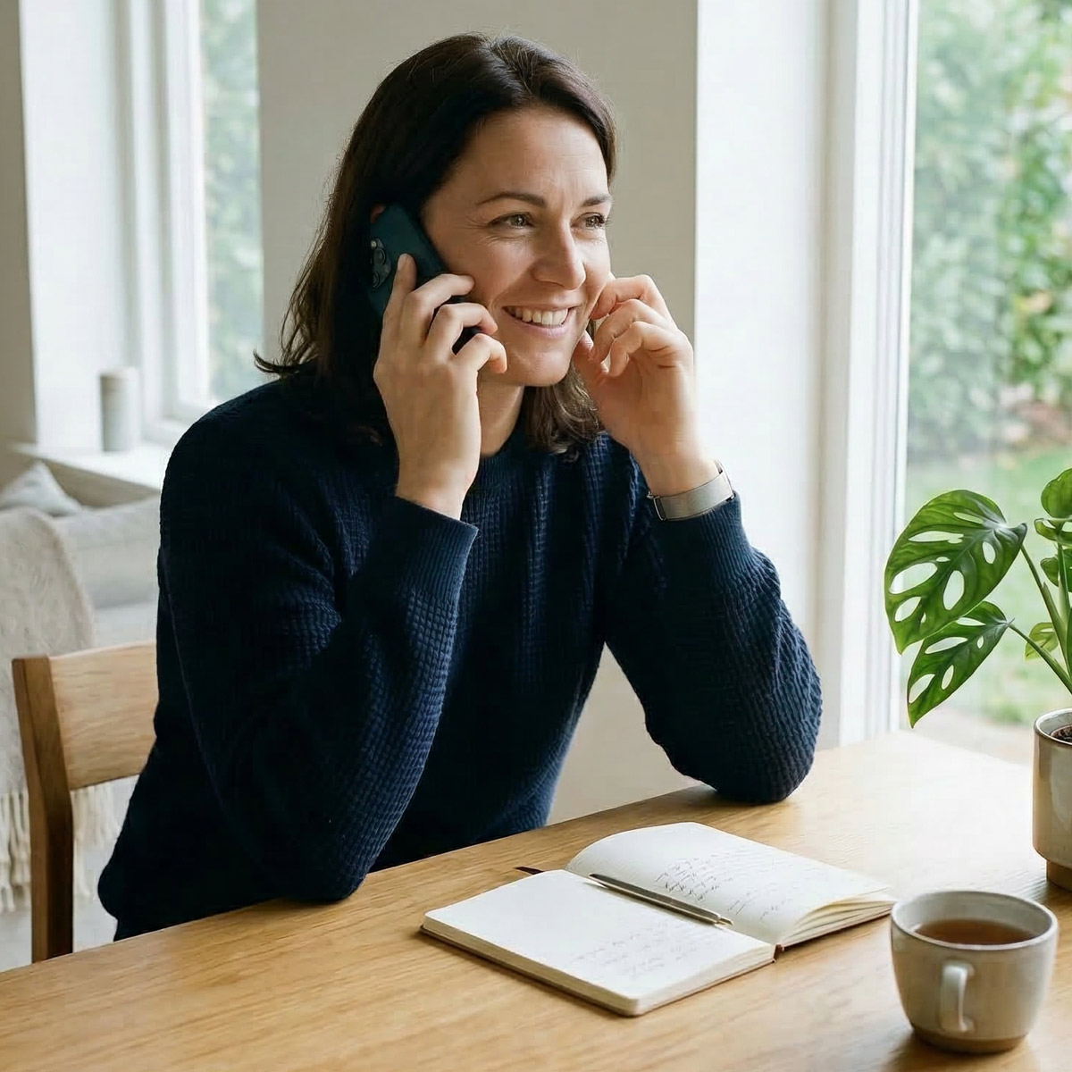 Frau sitzt an einem Holztisch am Fenster und telefoniert, neben ihr stehen Notizbuch und Tee.