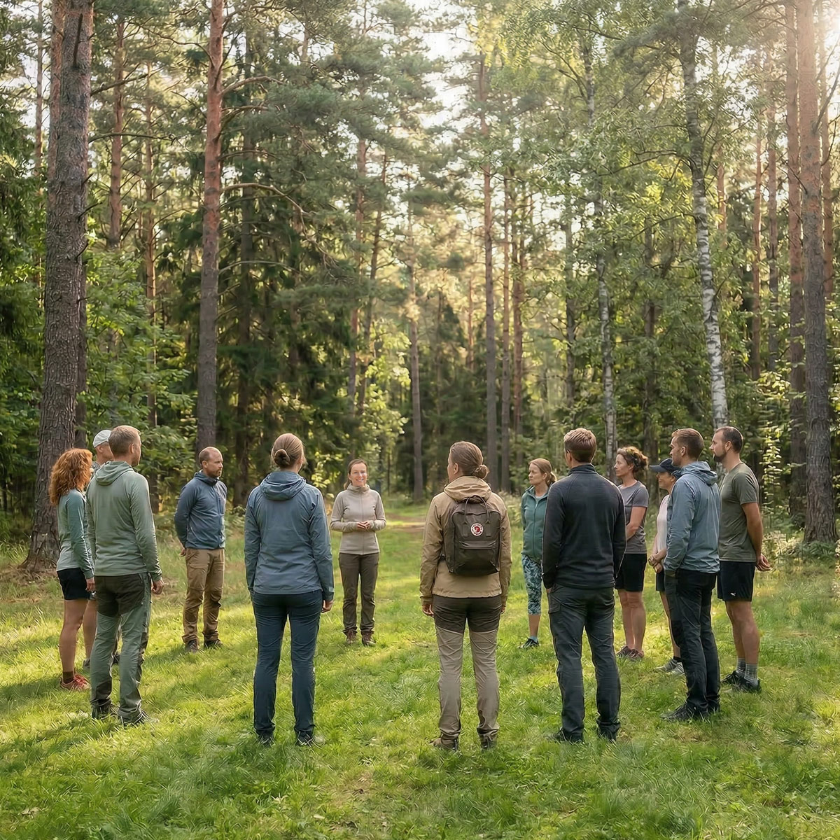 Menschen stehen locker im Kreis auf einer Waldlichtung mit grünem Rasen zwischen hohen Bäumen.