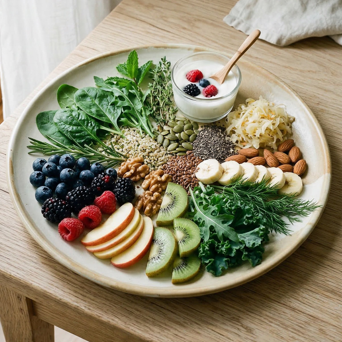 Frisches Obst, Beeren, grünes Blattgemüse, Samen und Kräuter kunstvoll auf hellem Holztisch arrangiert.