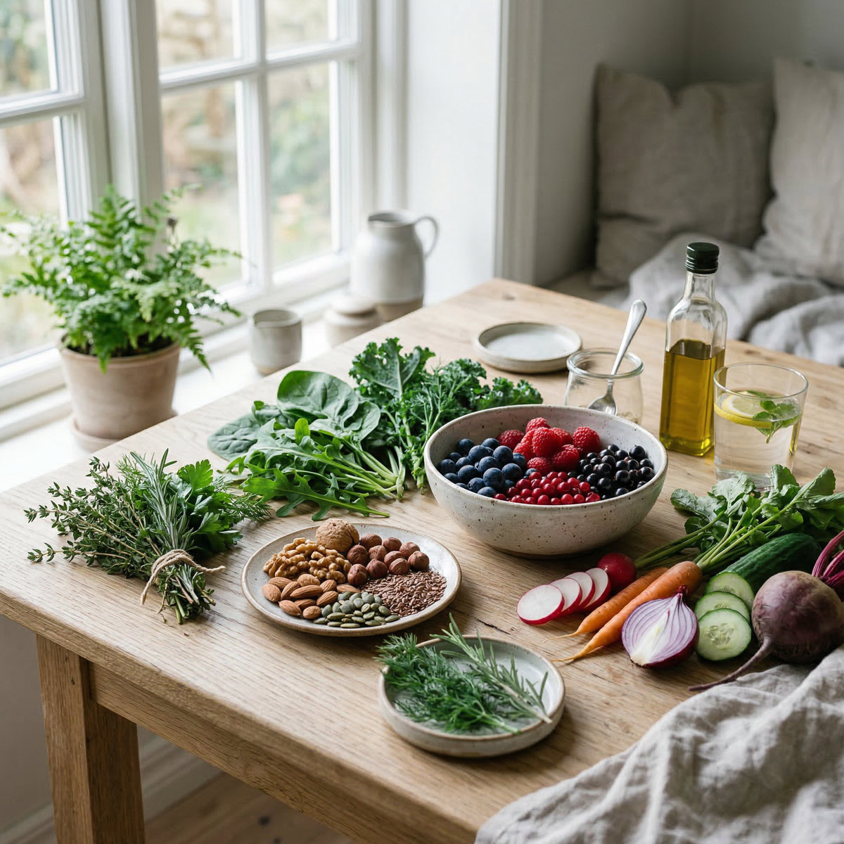 Frisches Gemüse, Blattgrün, Beeren, Nüsse und Kräuter kunstvoll auf hellem Holztisch arrangiert.