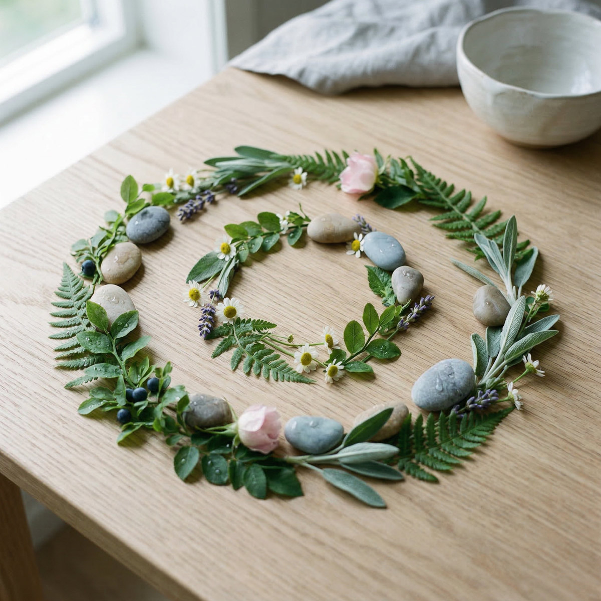 Kreisförmige Anordnung von wilden grünen Blättern, zarten Blumen, kleinen Steinen und Wassertropfen auf hellem Untergrund, symbolisiert hormonelle Balance und Frauengesundheit.