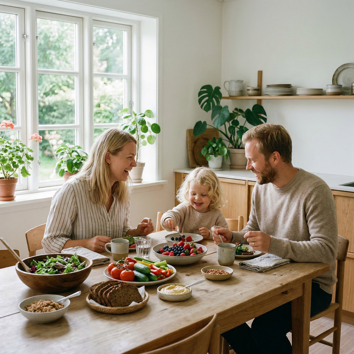 Glückliches Paar mit kleinem Kind sitzt am hellen Küchentisch und isst gemeinsam gesunde Mahlzeit.