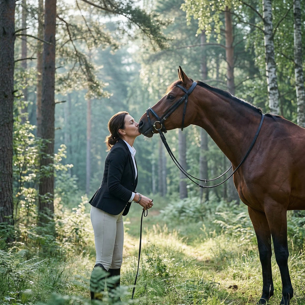 Reiterin steht mit ihrem Pferd im Wald und berührt liebevoll dessen Nüstern mit einem Kuss.
