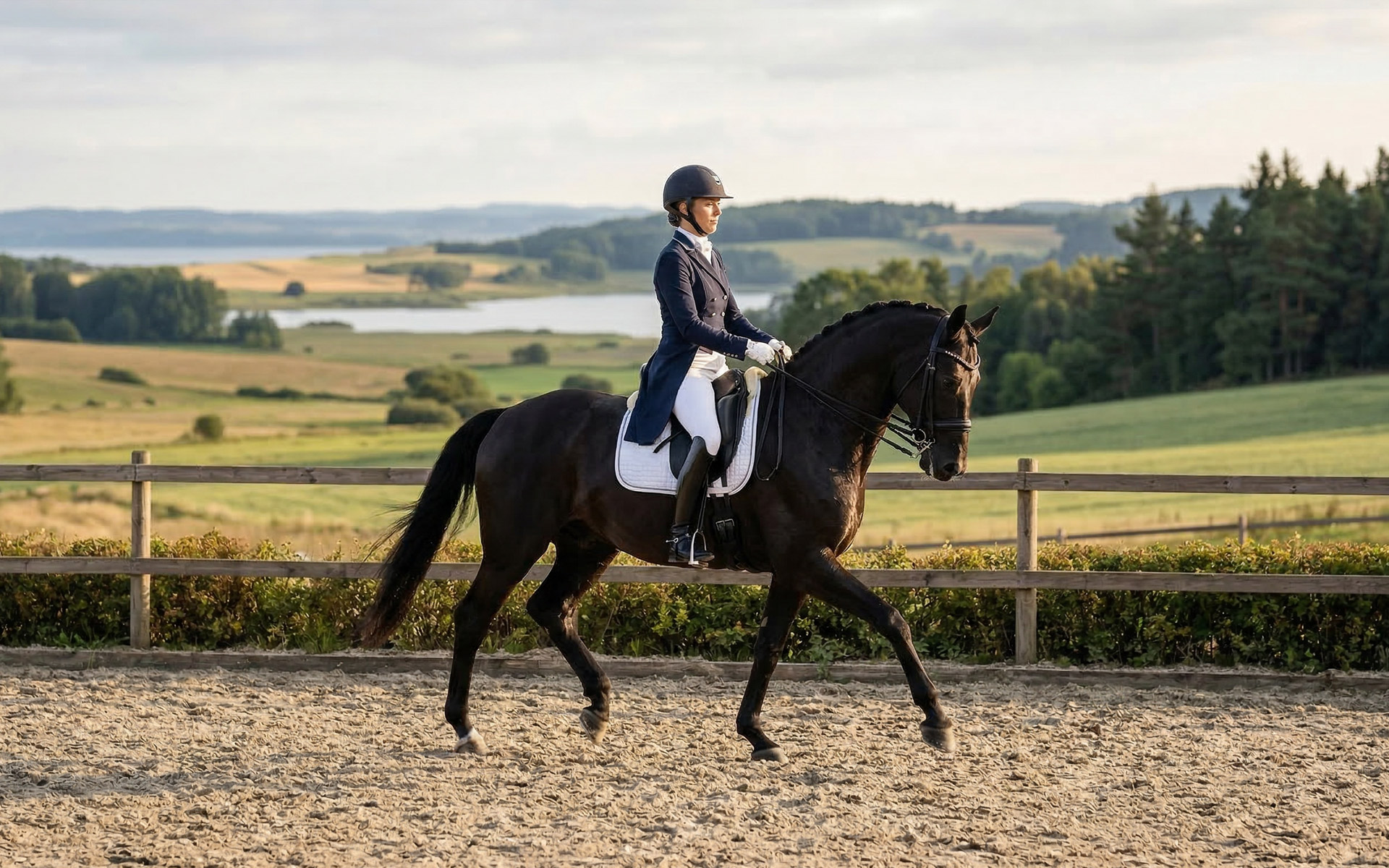 Hellhäutige Reiterin sitzt mit aufrechtem Sitz auf einem dunklen Pferd in einer ruhigen Außenreitbahn bei sanftem Morgenlicht.