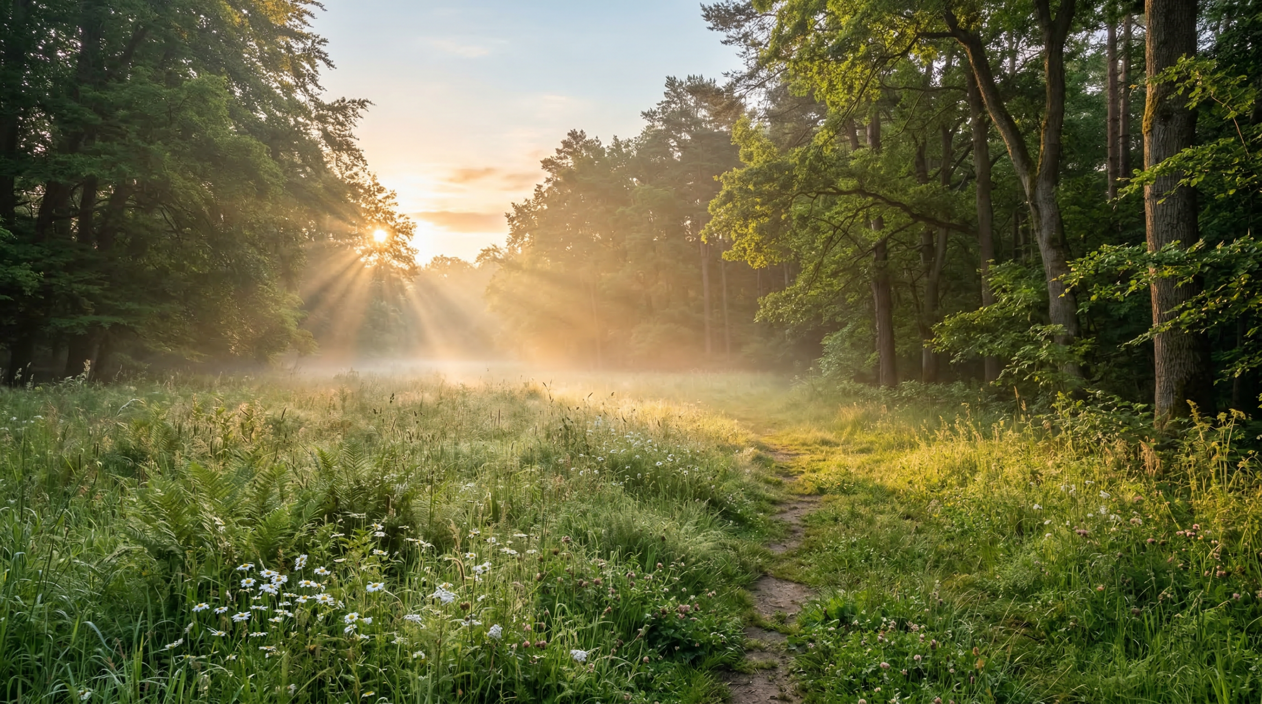 Ruhige Waldlichtung in Norddeutschland bei Sonnenaufgang mit frischem Grün, Wildkräutern und leichter Morgennebelstimmung.